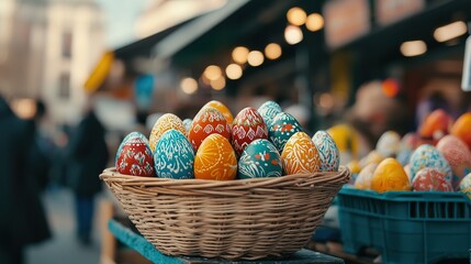 A vibrant display of decorative eggs in a woven basket, set against a bustling market backdrop, capturing the essence of a festive atmosphere.