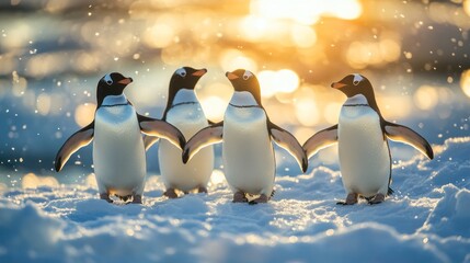 Poster - Four penguins standing in the snow, one of them holding the other