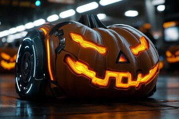 Poster - Cyberpunk-style glowing jack-o'-lanterns, with neon lights and digital effects, set in a futuristic urban pumpkin patch