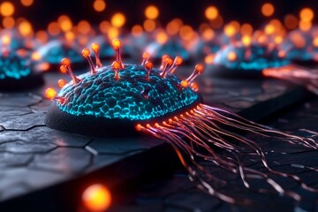 Poster - Cyberpunk-themed ion channels, glowing with neon colors as ions are transported through a high-tech, futuristic cell membrane