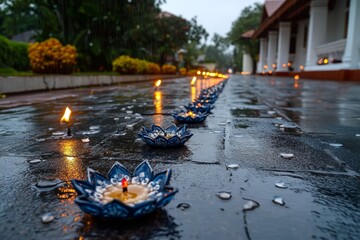 Poster - Dark, moody street during Deepavali, with soft, glowing lanterns piercing the shadows, creating a mysterious yet beautiful celebration scene