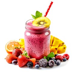 Sticker - A vibrant fruit smoothie in a glass jar adorned with a colorful straw. Fresh fruits surround the smoothie, showcasing a healthy lifestyle. Perfect for nutrition and wellness. AI