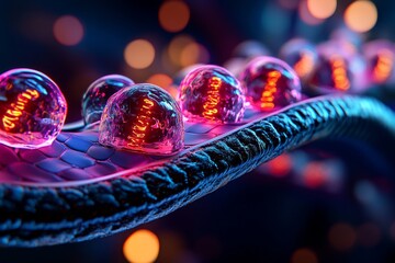 Poster - Fantasy-themed human cell membrane, with glowing, magical ion channels transporting colorful energy particles through a vibrant, enchanted membrane