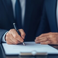 Business professionals signing a contract, office setting.