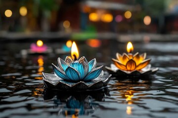 Poster - Floating Diya lamps on a serene river, casting glowing reflections on the water as they drift away, symbolizing the spread of light