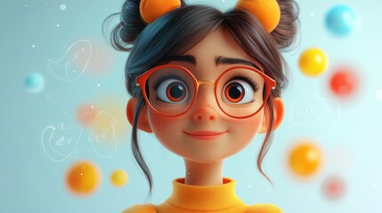 Wall Mural - Cute Cartoon Girl with Glasses and Bun Hairstyle