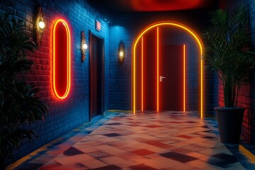 Aufkleber - Futuristic haunted house, with glowing neon lights, digital ghosts, and high-tech spooky decorations set in a modern cityscape