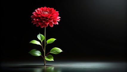 Digital rendering of a single red flower with green leaves isolated on a black background, floral, nature, vibrant, botanical,design