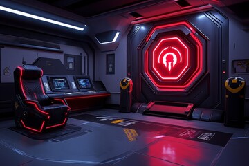 Aufkleber - Futuristic haunted house, with glowing neon lights, digital ghosts, and high-tech spooky decorations set in a modern cityscape