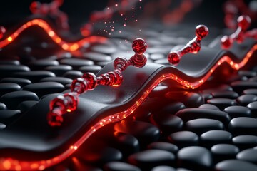 Poster - Futuristic ion channels in an advanced human cell membrane, with glowing, high-tech elements and digital particles flowing through the channels