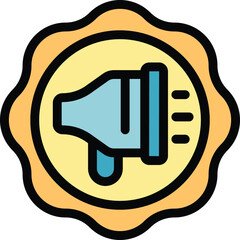 Poster - Megaphone icon is displayed inside a golden seal, representing successful marketing and advertising