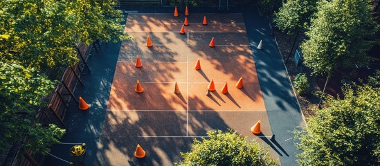 Wall Mural - An aerial view of an empty playground with orange cones arranged in a pattern on the ground.