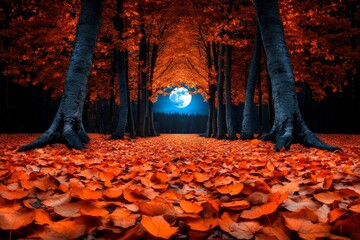 Poster - Gothic November forest, with long shadows cast by twisted trees and a full moon illuminating the fallen leaves in an eerie light
