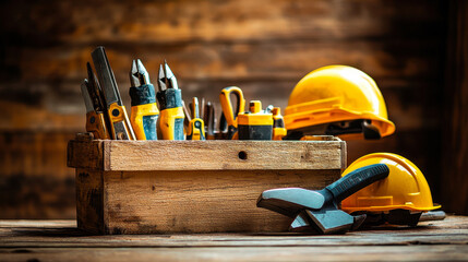 Safety Equipment and Toolbox with Various Worktools in Workshop Setting for Industrial Safety and Construction Concepts