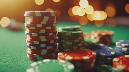 Colorful casino chips tower high on a green felt table, capturing the lively atmosphere and excitement of a gaming night. Generative AI