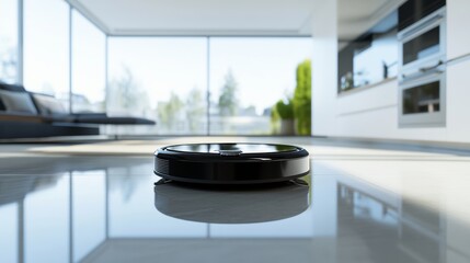Leinwandbilder - A state-of-the-art robotic vacuum cleaning a modern, high-tech home, clean and organized setting with a focus on domestic automation