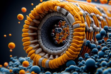 Poster - Hyper-realistic close-up of an ion channel embedded in a human cell membrane, showing the atomic-level structure and movement of ions