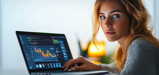 Poster - Businesswoman Analyzing Financial Graphs on Laptop at Workplace, Focused Professional Reviewing Data for Market Trends, Modern Workspace, Evening Setting, Comprehensive Financial Analysis