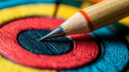 Extreme close-up of a sharpened pencil tip aiming at the bullseye of a colorful target, symbolizing precision, focus, and goal achievement in business.