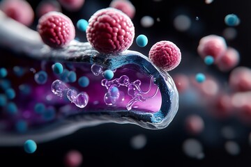 Poster - Illustration of the fluid mosaic model, with ion channels embedded in the cell membrane, showing detailed phospholipids and protein structures