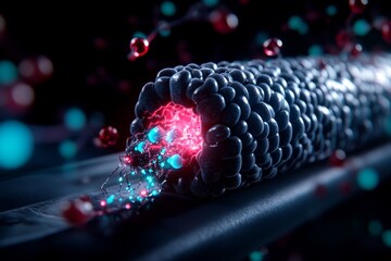 Poster - Ion channel opening in the human cell membrane, with sodium ions flowing through the channel, showing selective ion permeability