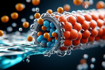 Poster - Ion channel opening in the human cell membrane, with sodium ions flowing through the channel, showing selective ion permeability