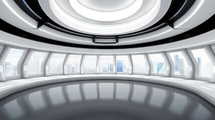 Poster - A large, wide open hall or room, with a big windows and view