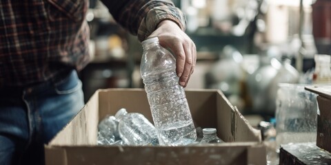 Using less, reusing things, and recycling helps the environment.  The image shows a bottle being put in a box, symbolizing how we can manage waste and live more sustainably.