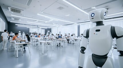 Aufkleber - Advanced robotic education institute, futuristic classroom with teaching robots and students, Innovative style