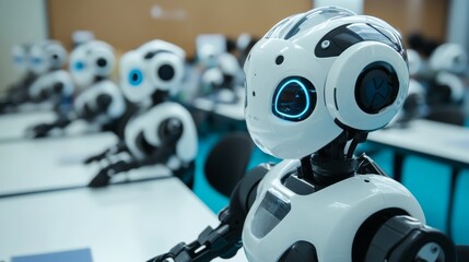 Aufkleber - Advanced robotic education institute, futuristic classroom with teaching robots and students, Innovative style