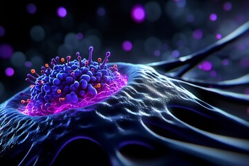 Poster - Pixel art of a human cell membrane, with 8-bit ion channels embedded in the membrane and pixelated ions flowing through, evoking a retro, video-game style