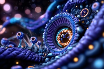 Poster - Pixel art of a human cell membrane, with 8-bit ion channels embedded in the membrane and pixelated ions flowing through, evoking a retro, video-game style