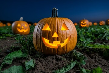 Aufkleber - Pumpkin patch at sunset, with warm autumn light shining on rows of friendly, carved jack-o'-lanterns, smiling and glowing gently