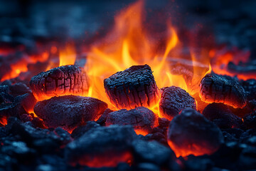 Glowing embers and flames illuminate dark surroundings, showcasing the intense warmth and energy of a charcoal fire.