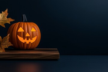 Poster - Single glowing jack-o'-lantern on a clean background, its friendly smile lighting up the autumn night in a minimalist style