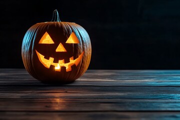 Poster - Single glowing jack-o'-lantern on a clean background, its friendly smile lighting up the autumn night in a minimalist style