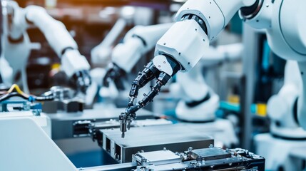 Aufkleber - Advanced robotics workshop with humanoid robots assembling components, industrial setting with robotic arms and precision machinery, Industrial style