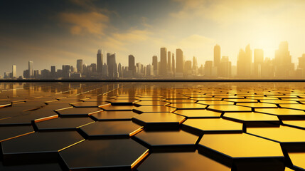 Futuristic city skyline with reflective golden hexagonal surface at sunrise