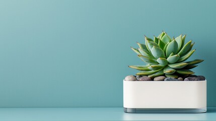 A modern succulent in a minimalist white pot sits against a soft teal background, adding a touch of greenery to the decor.