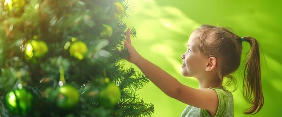 Girl decorating Christmas tree with green ornaments. Holiday celebration and family traditions content