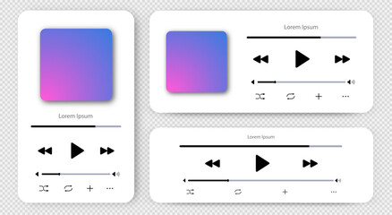 Podcast audio player bar template set with button play or pause and timelime. Audio player for songs, podcast playlist. Light theme. Vector