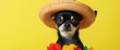 © Vasiliy - Chihuahua dog in straw hat with flower garland on yellow background. Pet summer accessories and holiday content