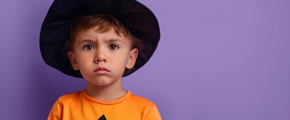 Boy in orange shirt and black hat on purple background. Halloween costume and children fashion marketing