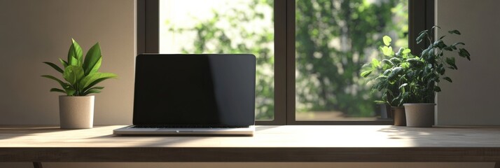 Poster - A modern workspace with a sleek laptop sits on a wooden desk, surrounded by vibrant plants in pots, illuminated by morning sunlight. Generative AI