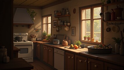 Generative, AI, Cozy kitchen interior with warm sunlight, wooden cabinets, fresh vegetables on countertop, potted plants by window.

