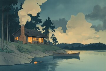 Poster - a painting of a boat on a lake with a house in the background