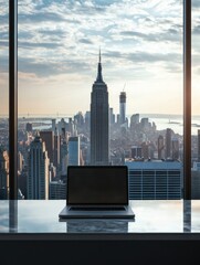 Fototapete - A modern laptop rests on a desk against a backdrop of the New York City skyline at dusk, illuminated by the setting sun. Generative AI