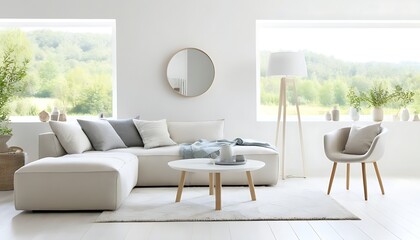 Scandinavian-style white living room with summer landscape and modern furniture.