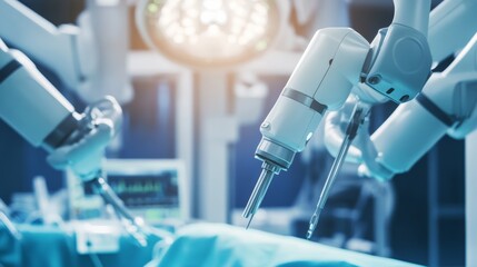 Fototapete - AI-powered robotic surgery theater, hospital operating room with surgical robots and medical team, Innovative style