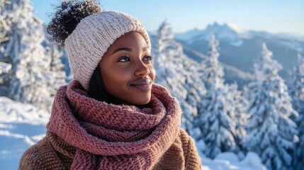 Poster - A woman wearing a knit hat and a pink scarf smiles while looking at a snowy mountain landscape. Her hair is pulled back and held in place with a small scrunchie.